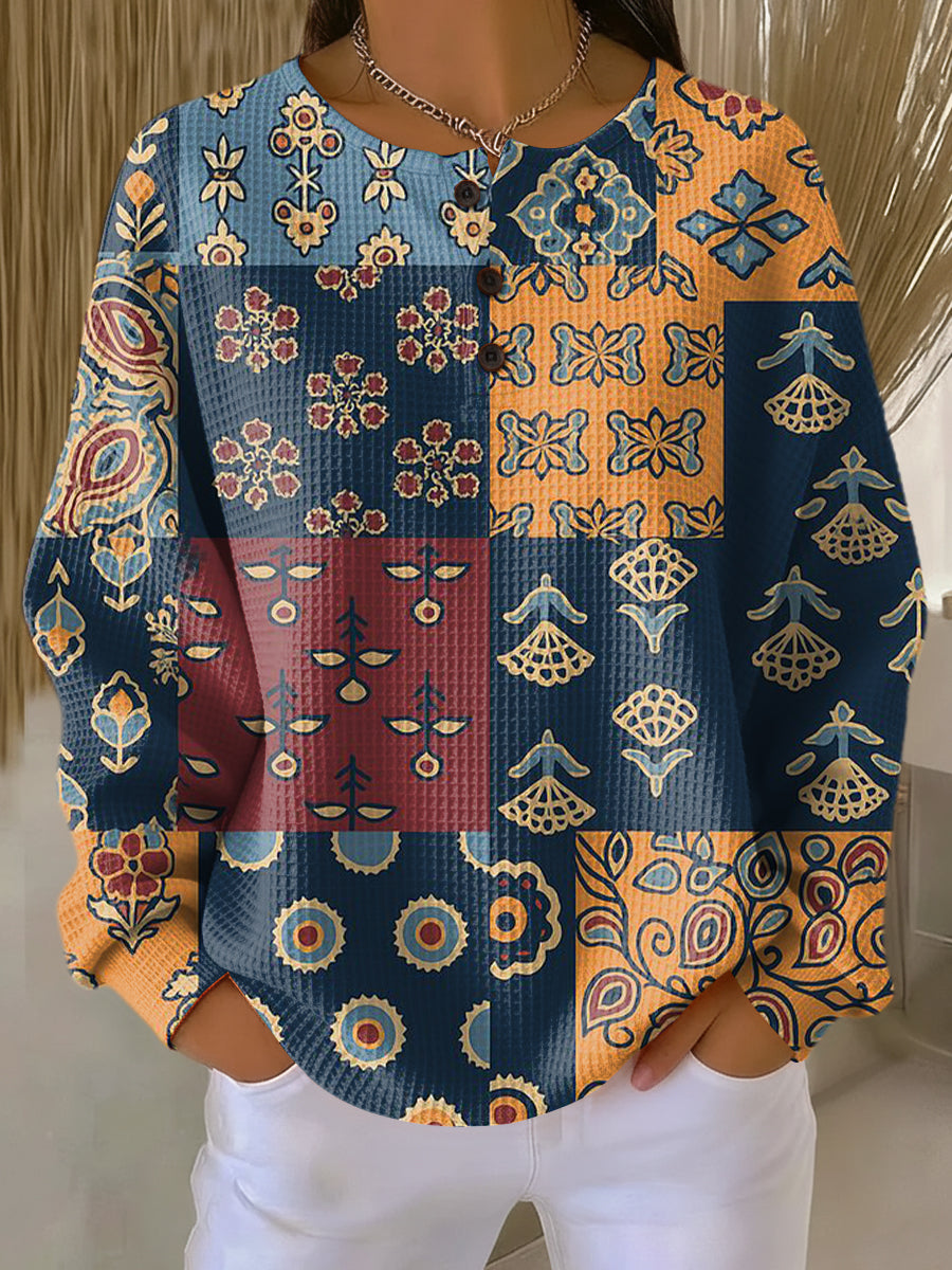 Anika | Maglione con Stampa Floreale Etnica a Quadri