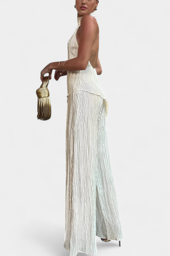 Pilarica Completo Plissettato con Top Asimmetrico Halter e Pantaloni Fluidi