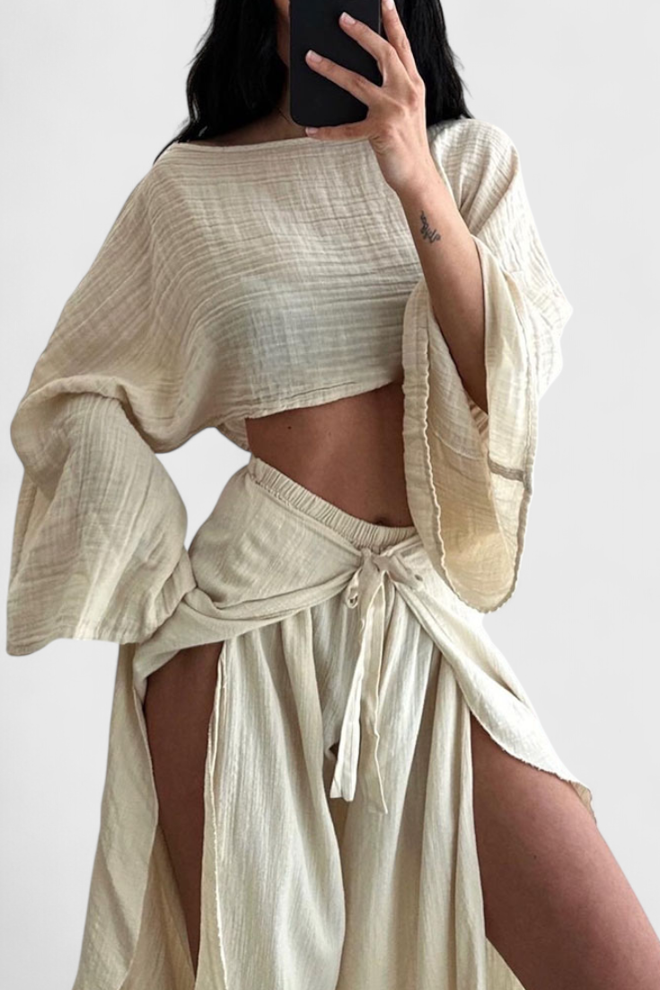 Elsie Completo Fluido con Kimono e Pantaloni Incrociati