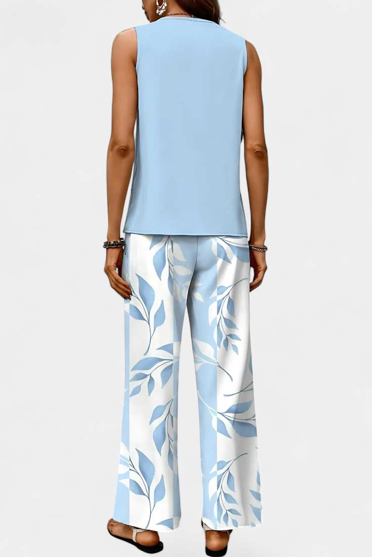 Martina Completo Boho Elegante Senza Maniche con Pantaloni Dritti Stampati