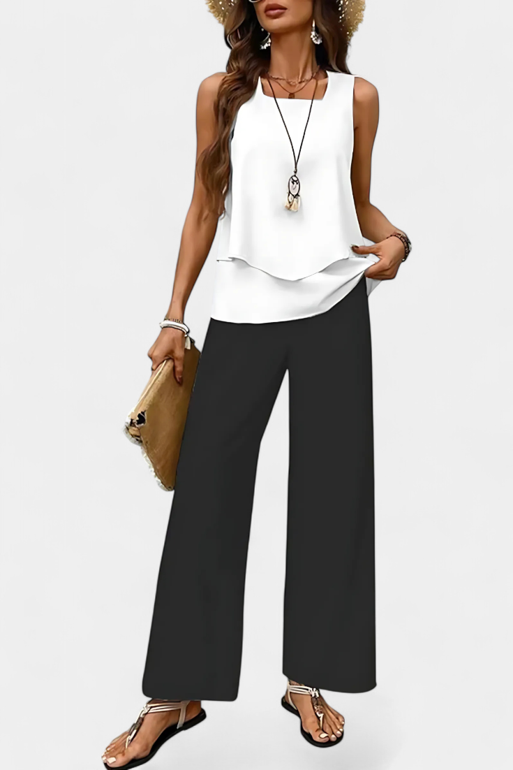 Martina Completo Boho Elegante Senza Maniche con Pantaloni Dritti Stampati