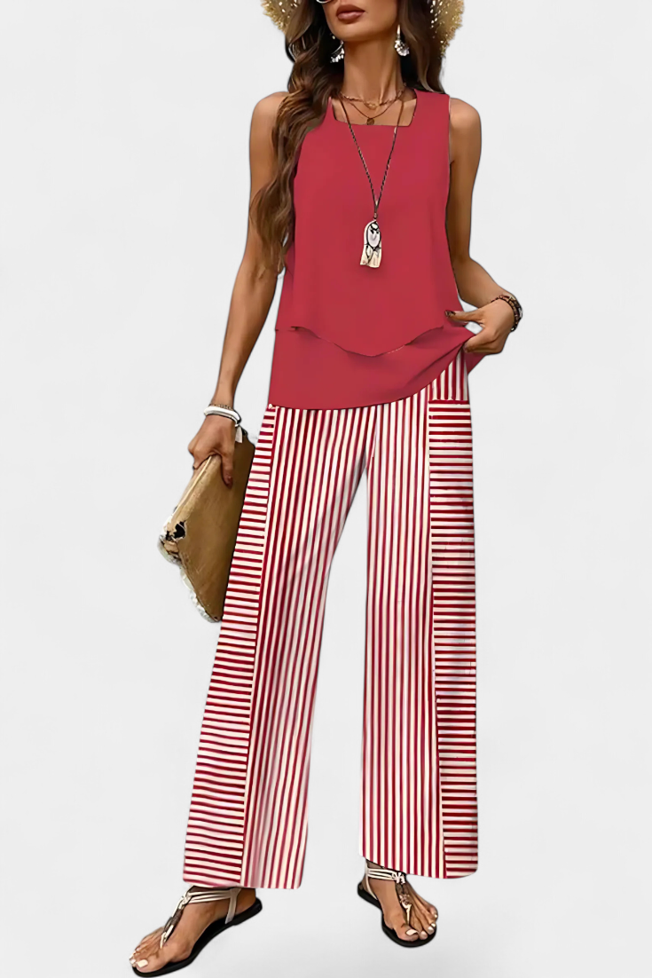 Martina Completo Boho Elegante Senza Maniche con Pantaloni Dritti Stampati