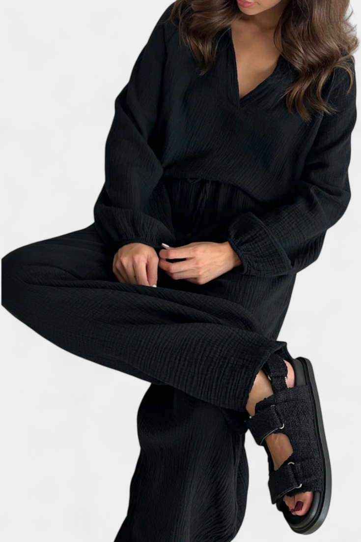 Aya Completo di Due Pezzi in Cotone con Scollatura a V