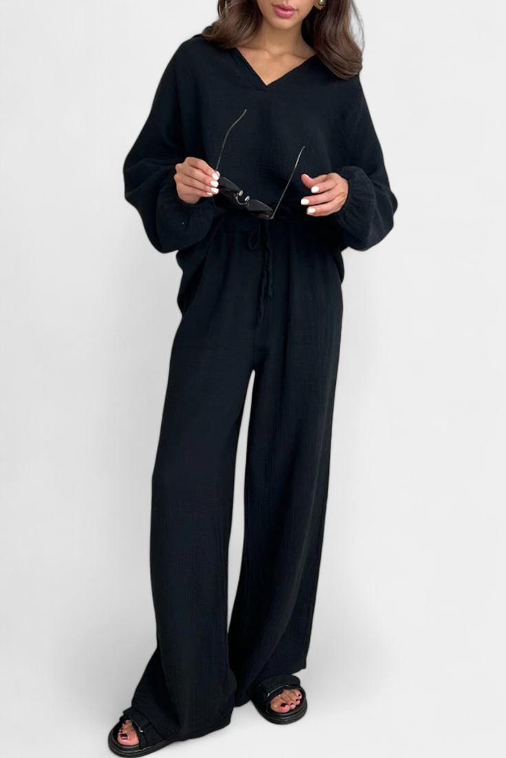 Aya Completo di Due Pezzi in Cotone con Scollatura a V