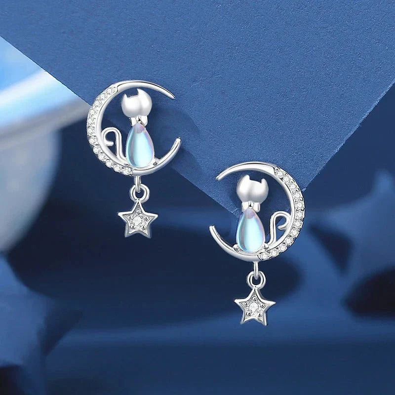 Orecchini gatto con luna e stella in argento sterling 925 con zirconi