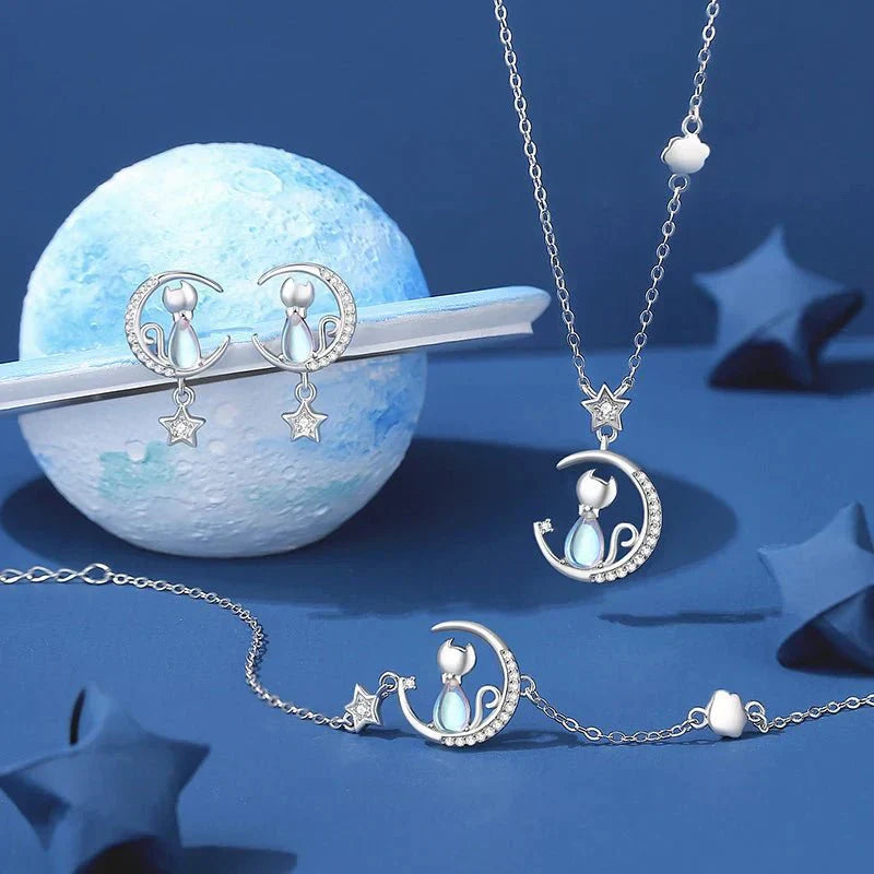 Orecchini gatto con luna e stella in argento sterling 925 con zirconi