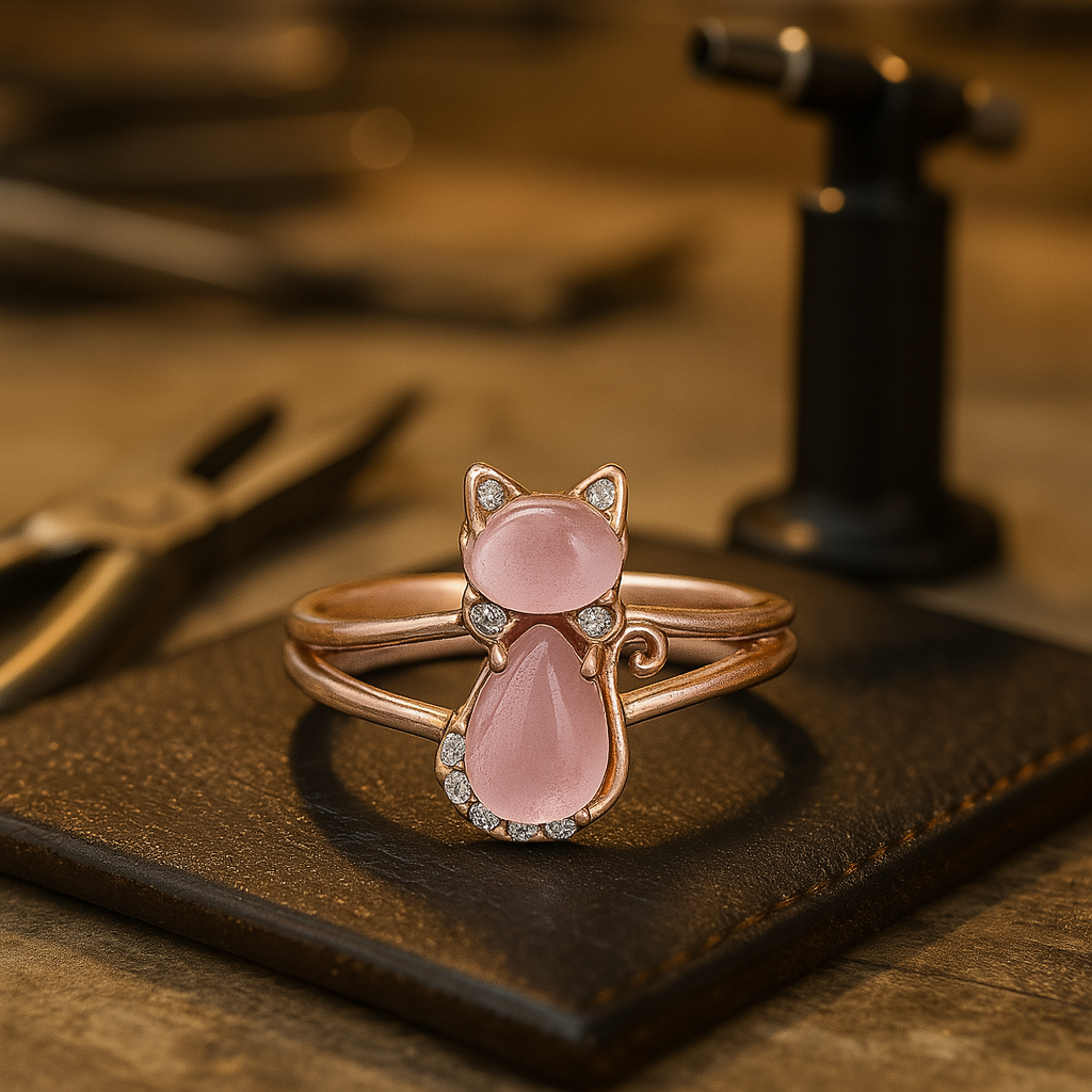 Anello con gatto in oro rosa