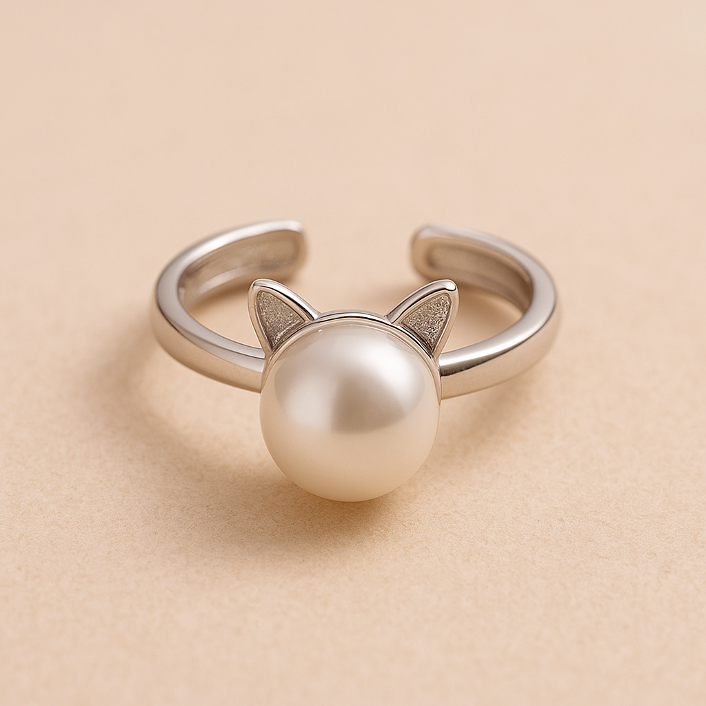 Bellissima collana con gatto e perla con orecchini e anello in omaggio