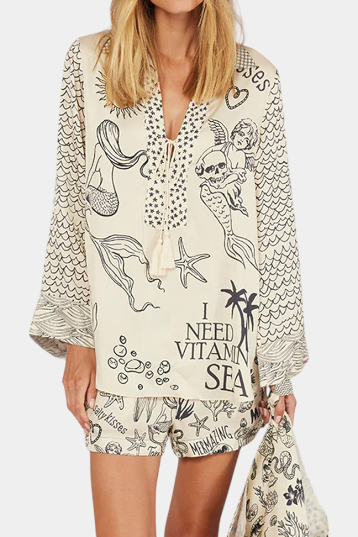 Amalia Completo Camicetta Stampata con Pantaloni Corti Elasticizzati