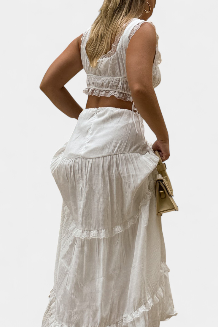 Ilys Completo Romantico con Top in Pizzo e Gonna Lunga Voluminosa