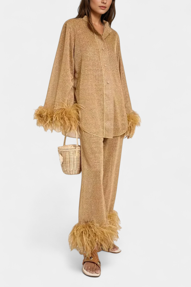 Polina Completo di Due Pezzi con Collare di Piume