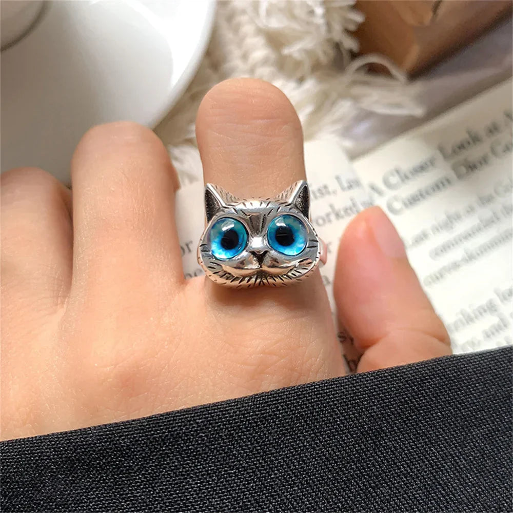 Anello con gatto dagli occhi blu – Anello vintage giocoso in argento con animale per gli amanti dei gatti