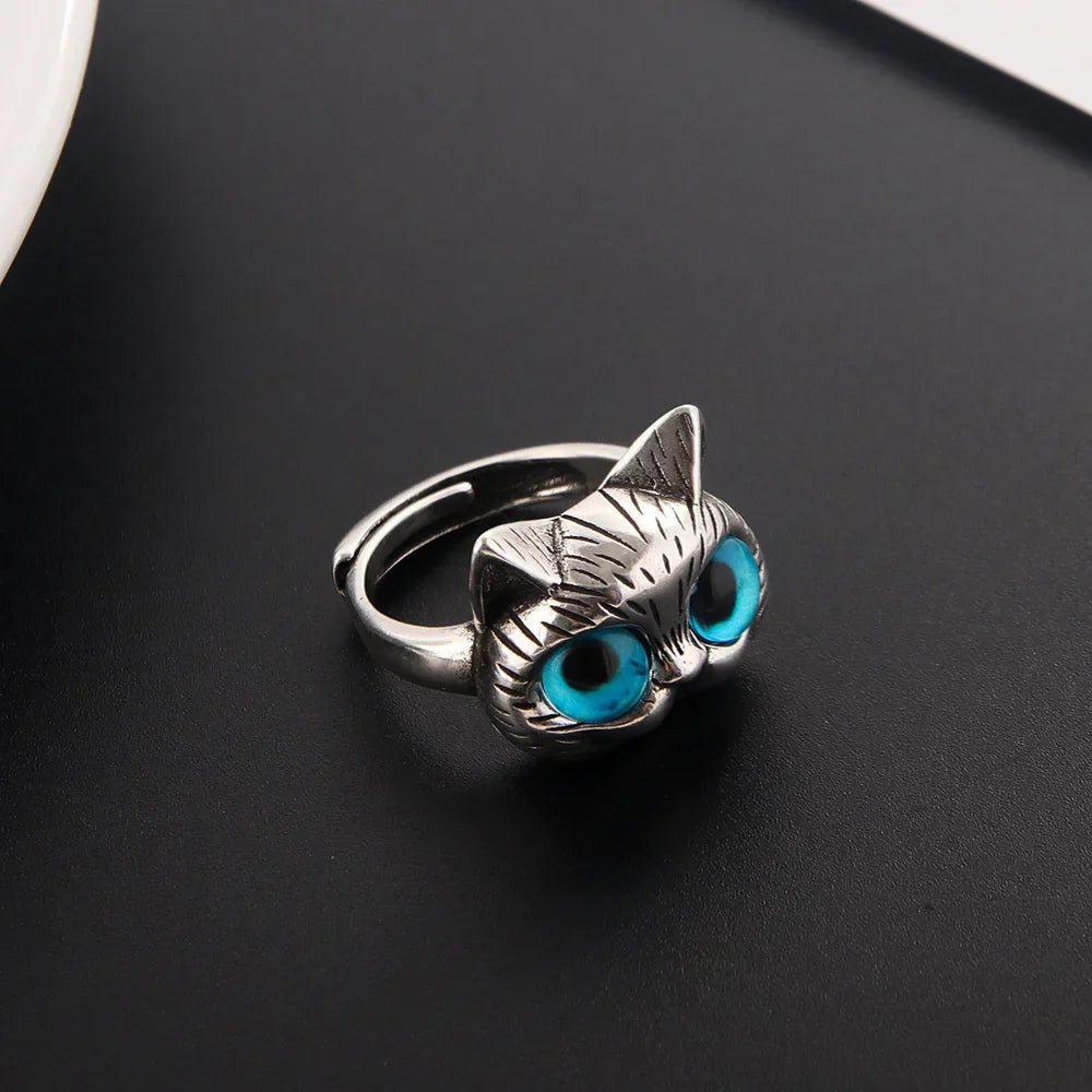 Anello con gatto dagli occhi blu – Anello vintage giocoso in argento con animale per gli amanti dei gatti