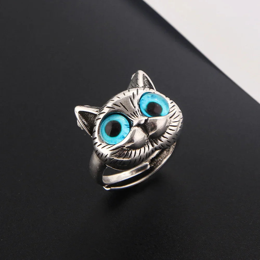 Anello con gatto dagli occhi blu – Anello vintage giocoso in argento con animale per gli amanti dei gatti