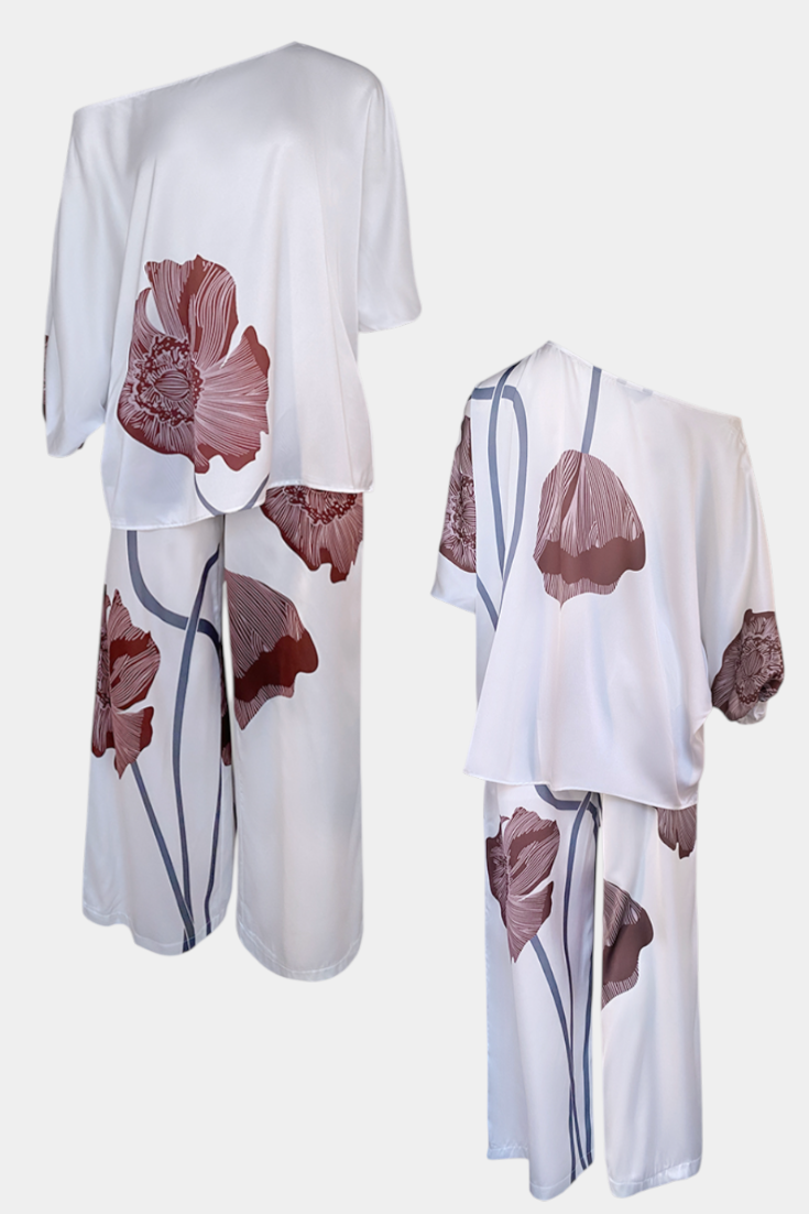 Sybella Completo Floreale di Due Pezzi con Spalla Scoperta e Pantaloni Dritti