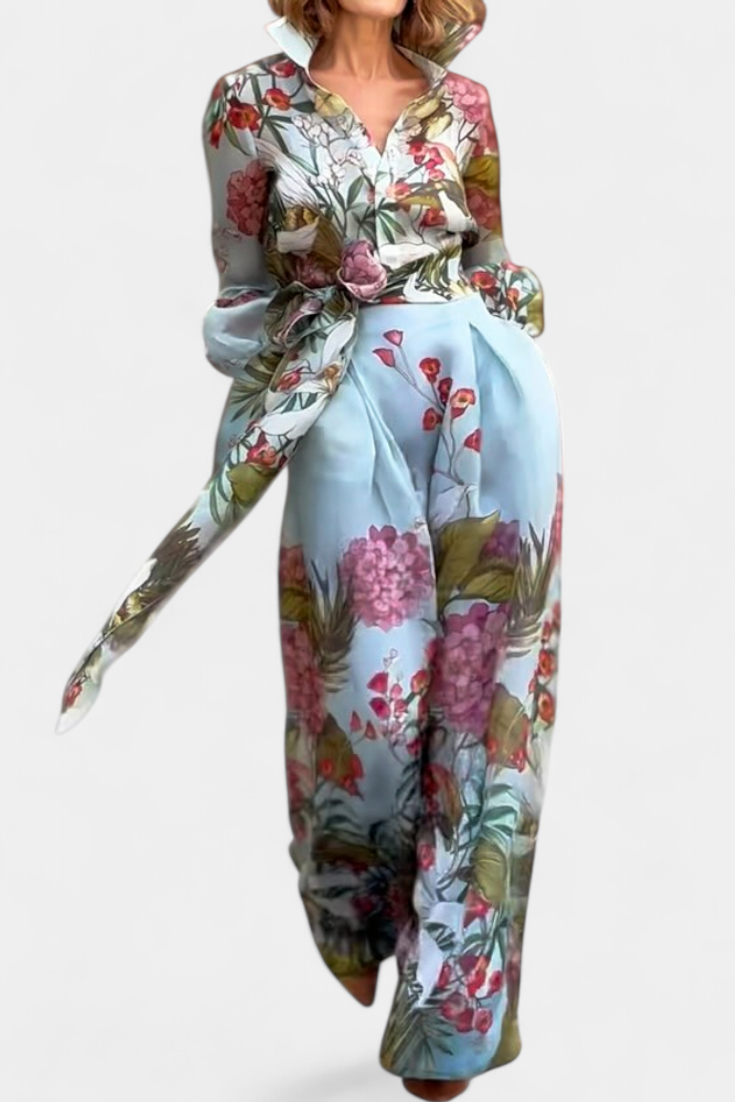 Sanne Conjunto Elegante Stampato di Camicia e Pantaloni Fluidi