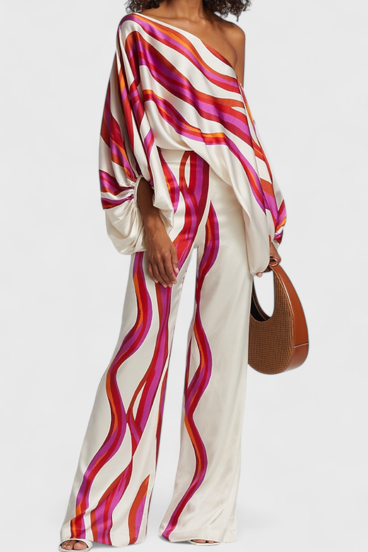 Sybella Completo di Due Pezzi con Spalle Scoperte e Pantaloni Ampi Stampati