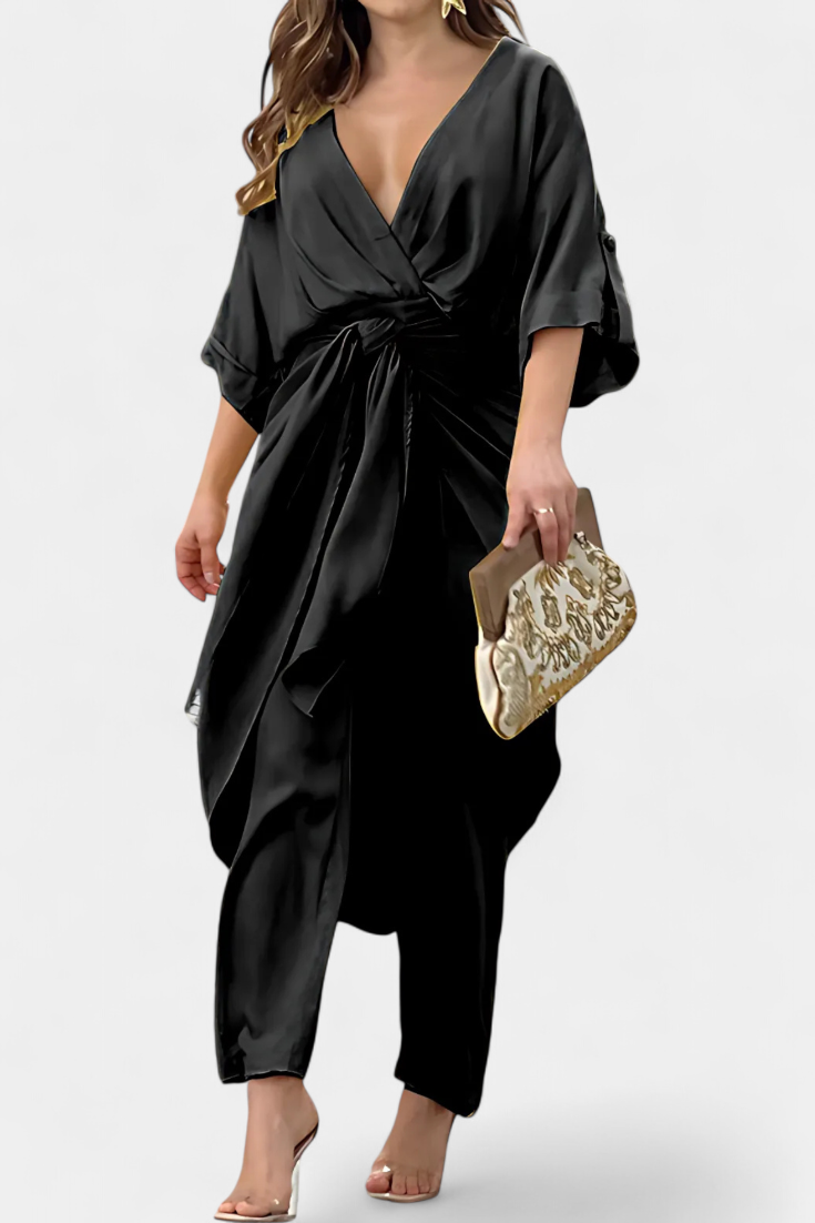 Mayleen Completo Incrociato con Fiocco Frontale e Pantaloni Dritti