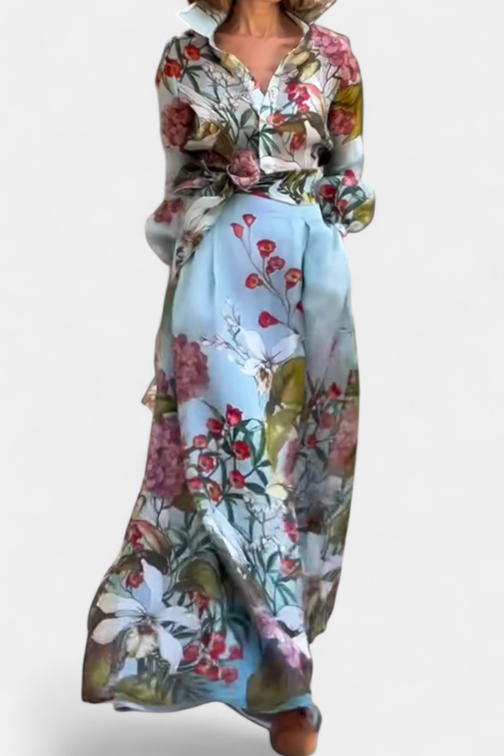 Sanne Conjunto Elegante Stampato di Camicia e Pantaloni Fluidi