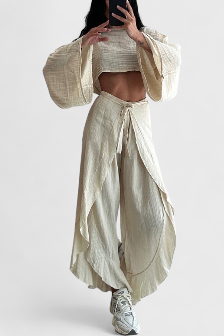 Elsie Completo Fluido con Kimono e Pantaloni Incrociati