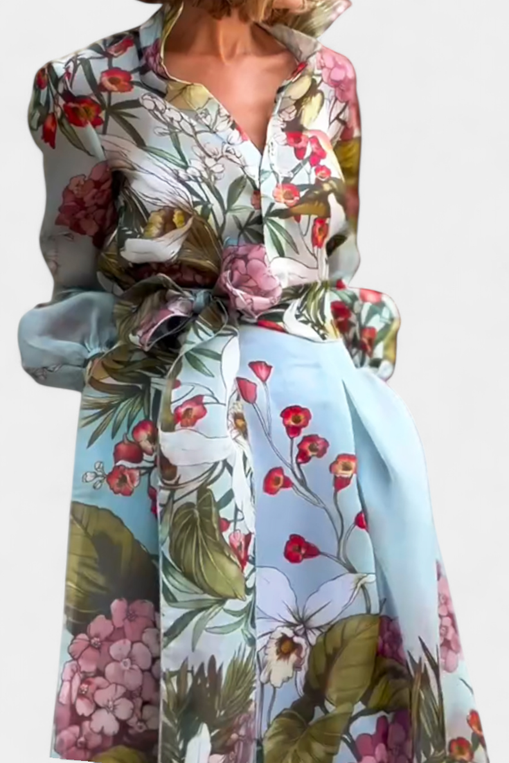 Sanne Conjunto Elegante Stampato di Camicia e Pantaloni Fluidi