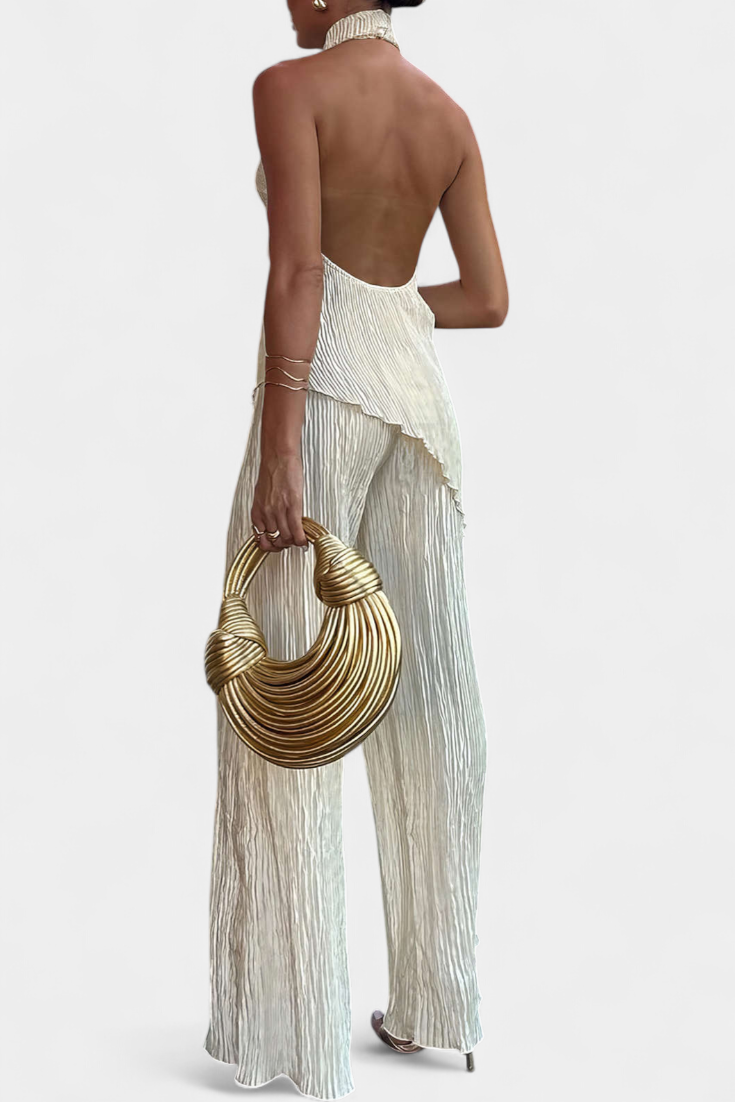 Pilarica Completo Plissettato con Top Asimmetrico Halter e Pantaloni Fluidi
