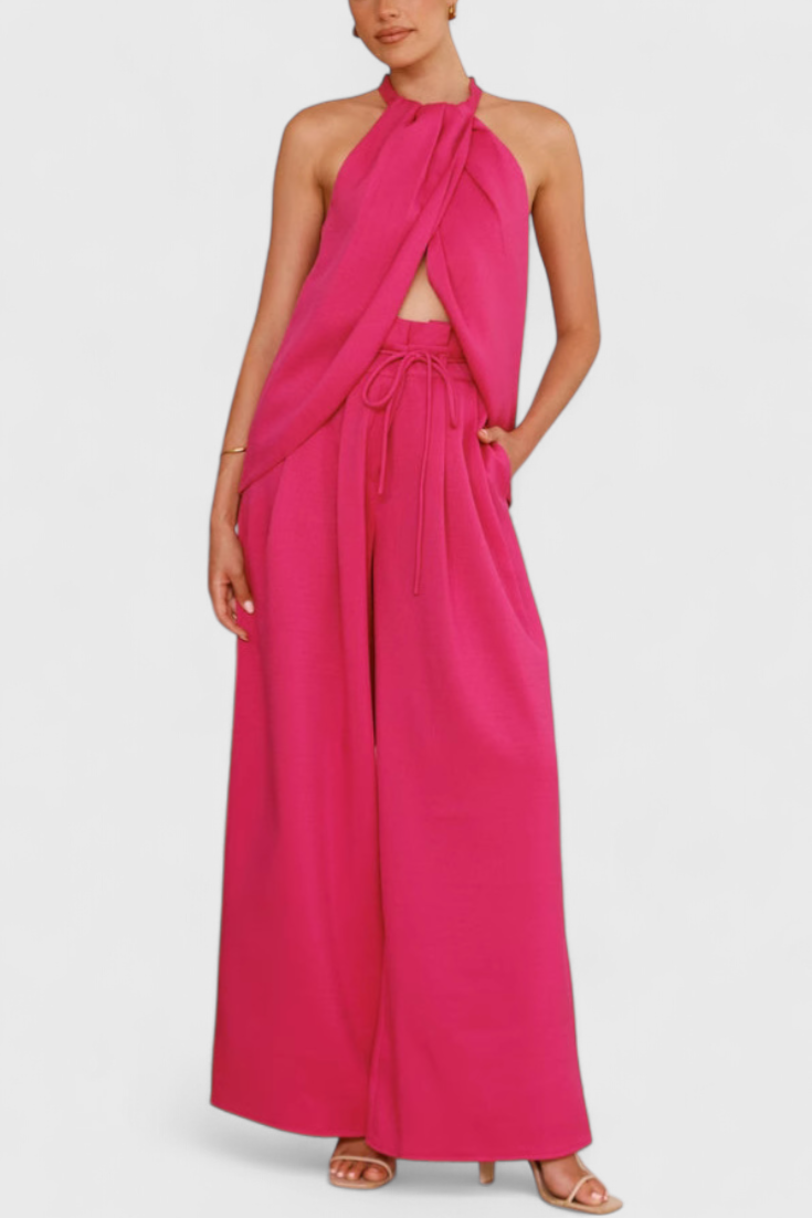 Bernadina Completo in Lino con Top a Apertura Frontale e Pantaloni a Gamba Larga