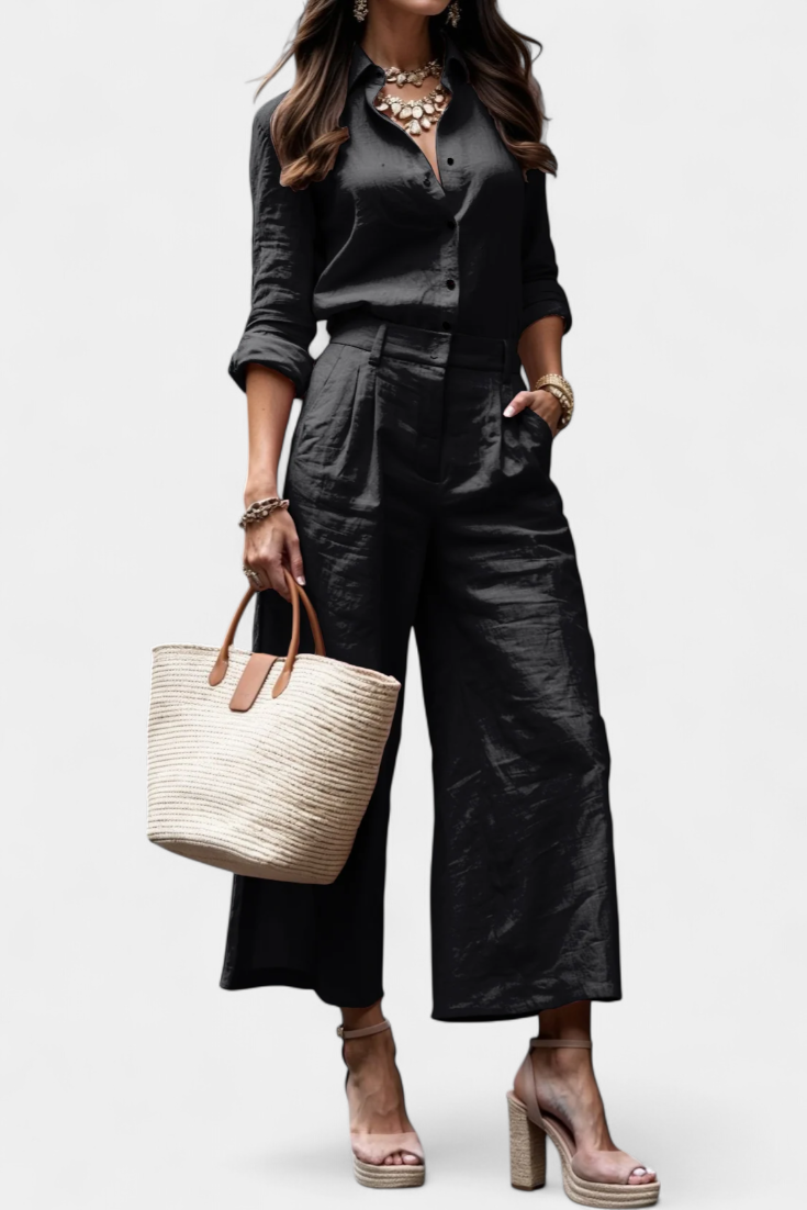 Sabina Completo Rosa di Camicia Larga e Pantaloni Capri