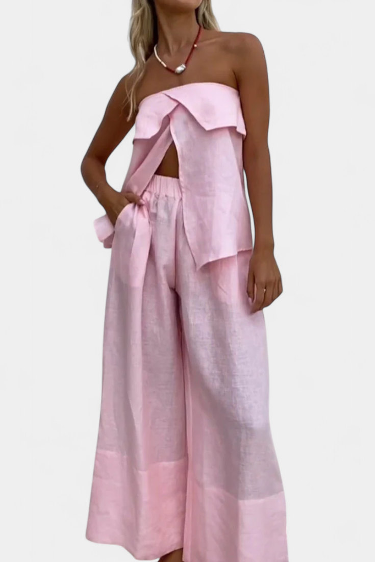 Oriana Completo Senza Spalline con Gonna a Spacco in Colore Unito