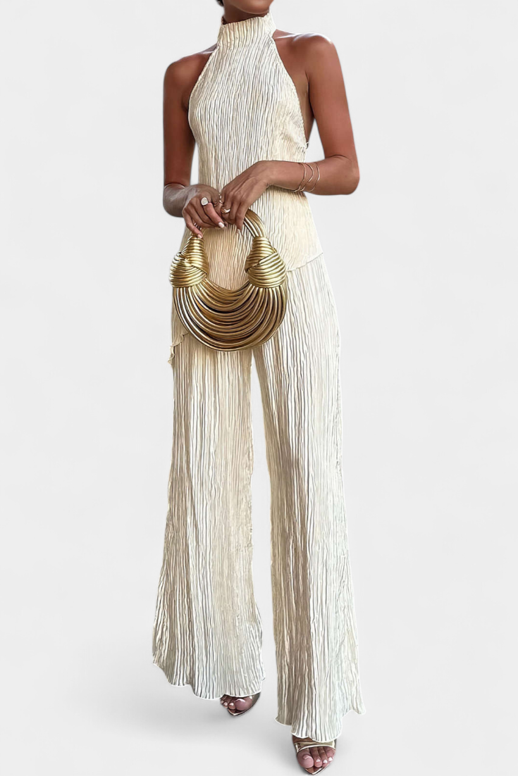 Pilarica Completo Plissettato con Top Asimmetrico Halter e Pantaloni Fluidi