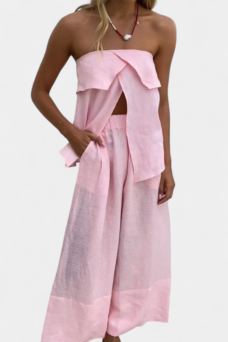 Oriana Completo Senza Spalline con Gonna a Spacco in Colore Unito