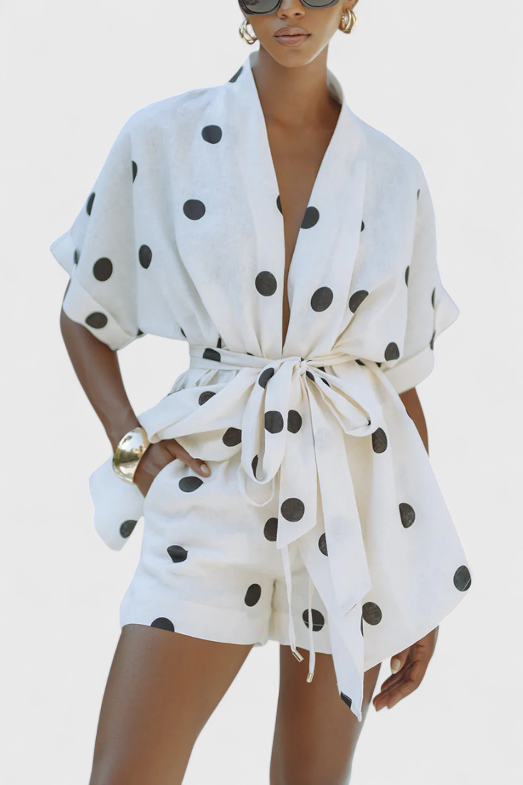 Avila Set Kimono con Nodo e Shorts a Pois