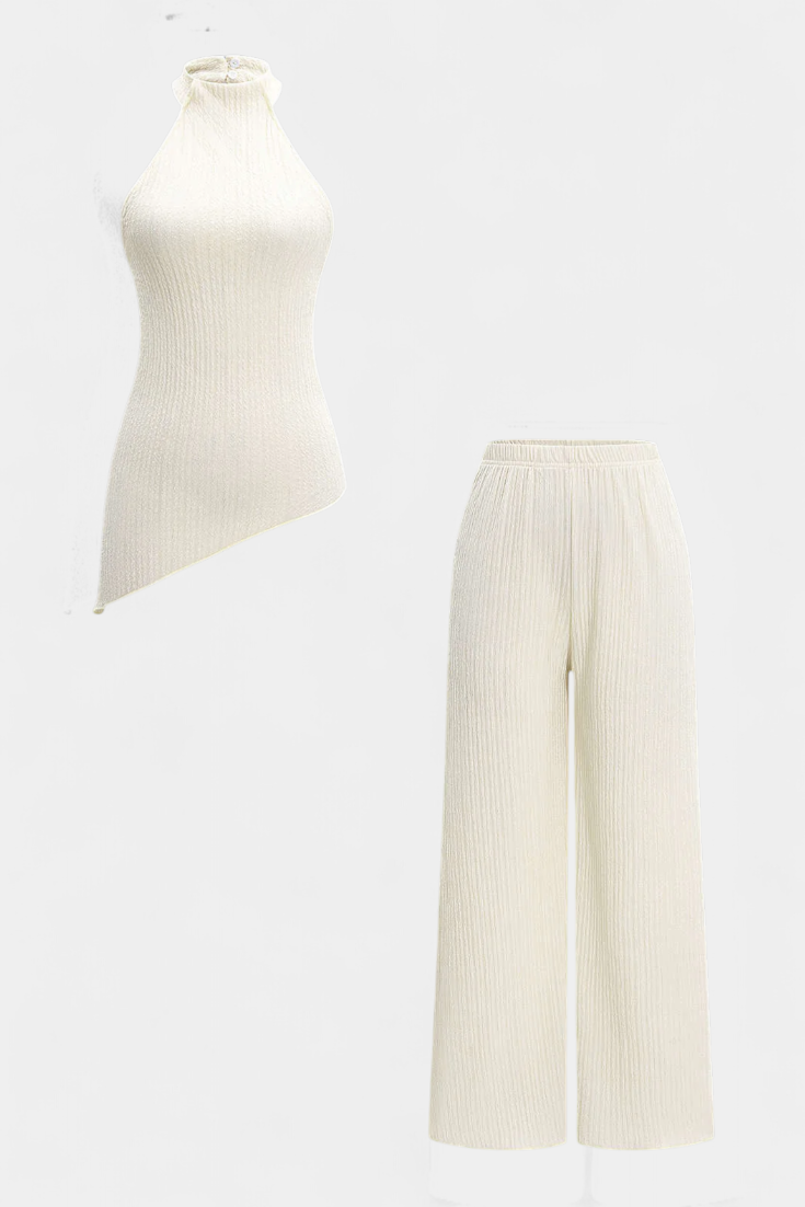 Pilarica Completo Plissettato con Top Asimmetrico Halter e Pantaloni Fluidi