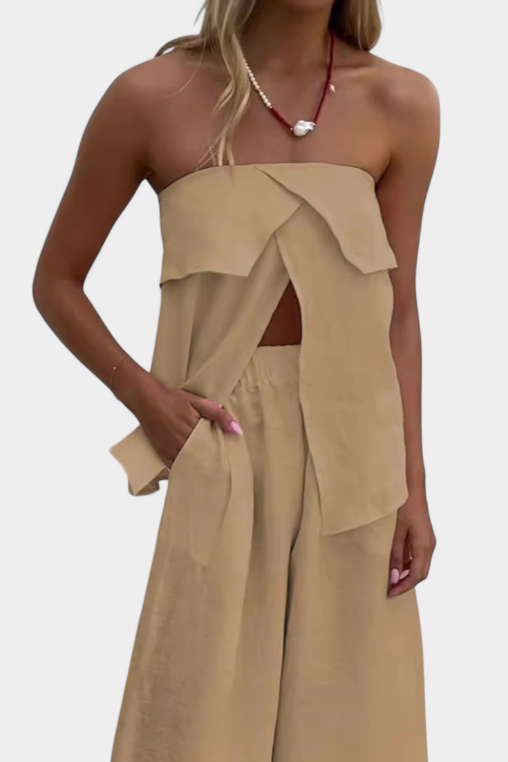 Oriana Completo Senza Spalline con Gonna a Spacco in Colore Unito