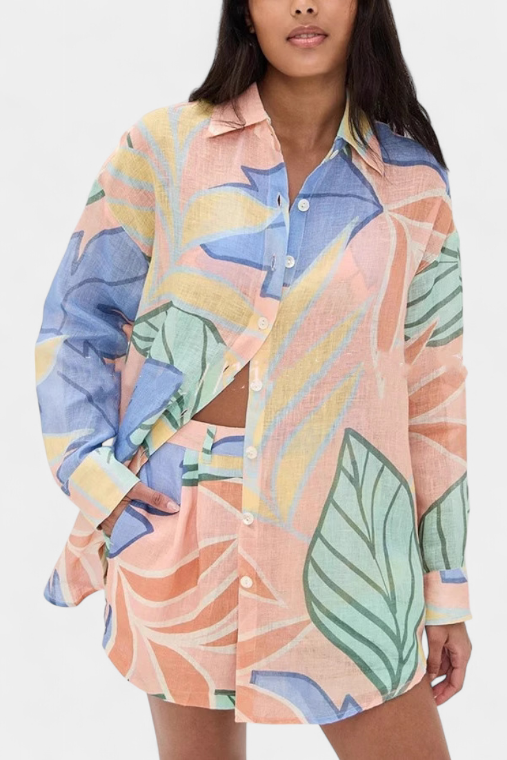Lumina Completo Tropicale con Camicia Oversize e Pantaloni Corti a Vita Alta