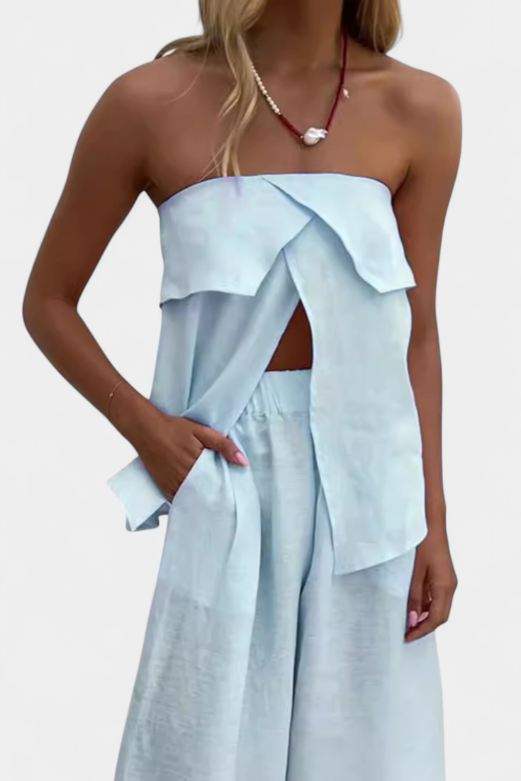 Oriana Completo Senza Spalline con Gonna a Spacco in Colore Unito