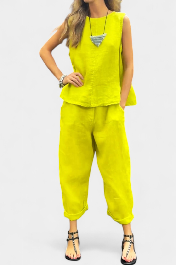 Leona Completo di Gilet e Pantaloni Senza Maniche in Cotone Lino