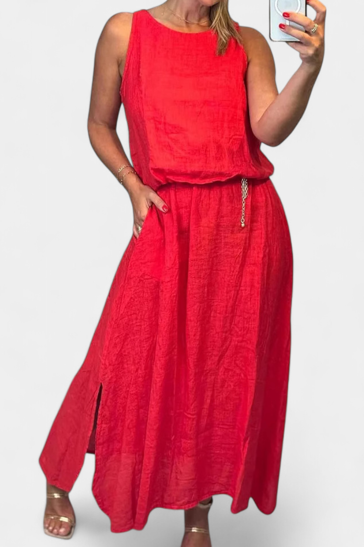 Meliora Completo in Lino e Cotone con Gilet Senza Maniche e Gonna