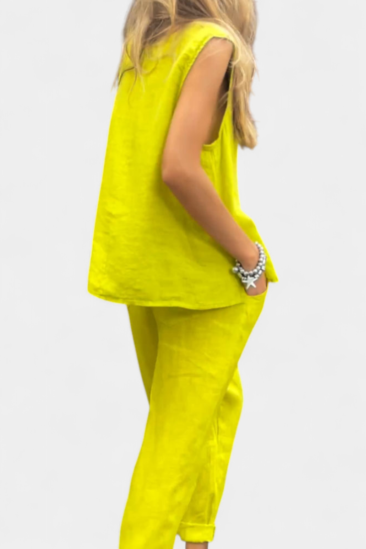 Leona Completo di Gilet e Pantaloni Senza Maniche in Cotone Lino