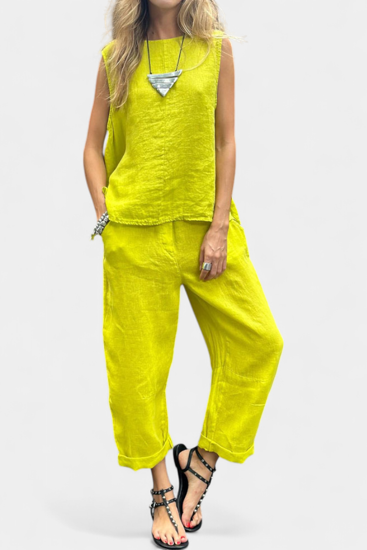 Leona Completo di Gilet e Pantaloni Senza Maniche in Cotone Lino