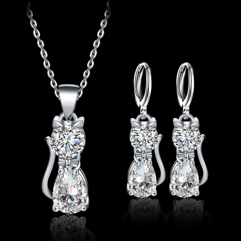 Set collana + orecchini Happy Cats in argento sterling e zirconio bianco lucido